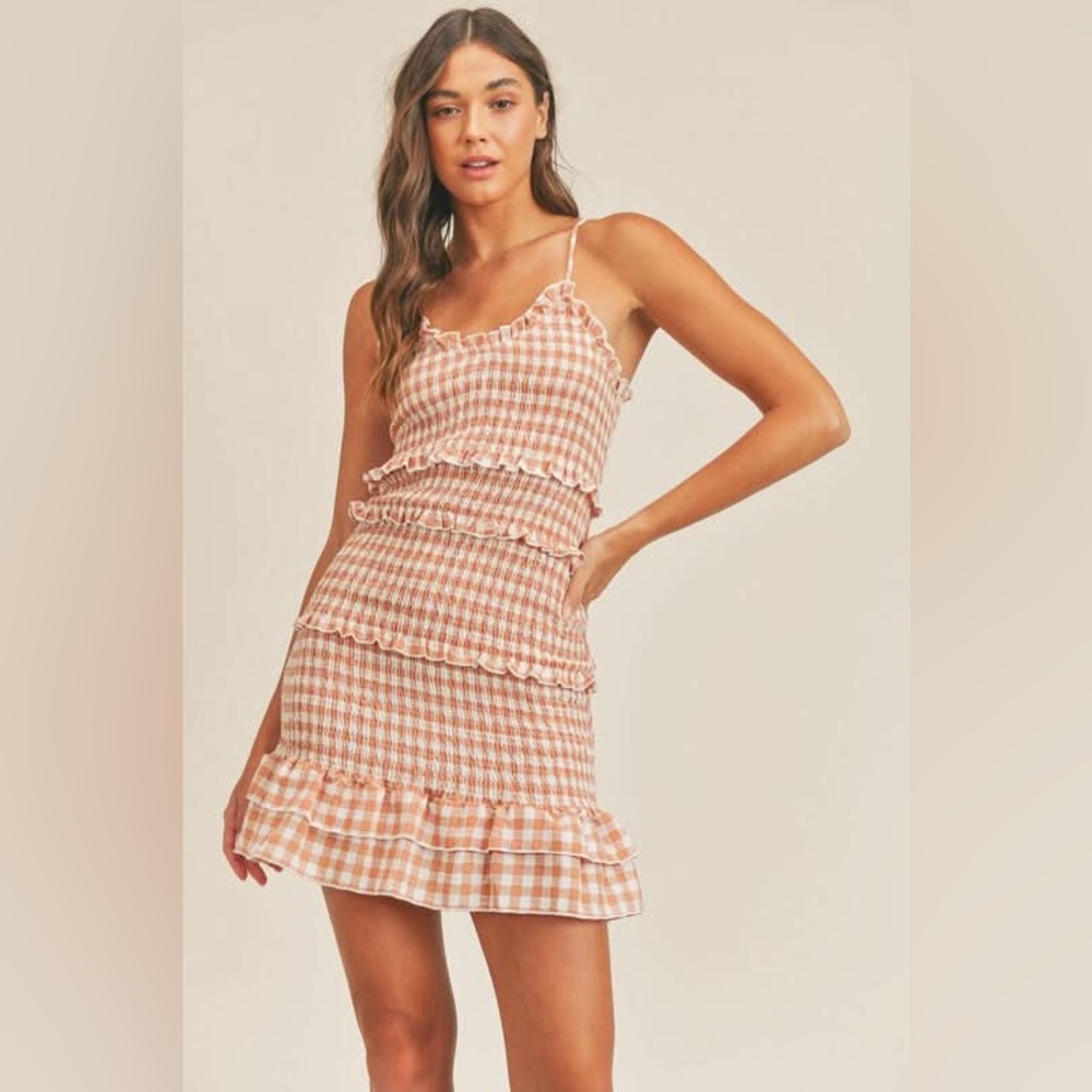 Mable the Label Tan & White Gingham Print Smocked Tier Mini Dress